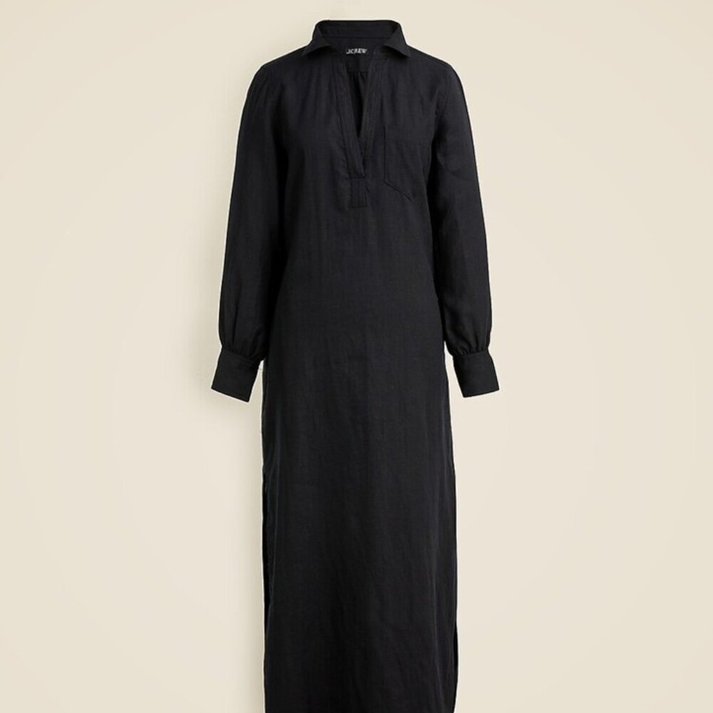 J.Crew Bungalow Maxi Black Linen XS Popover Dress NWT